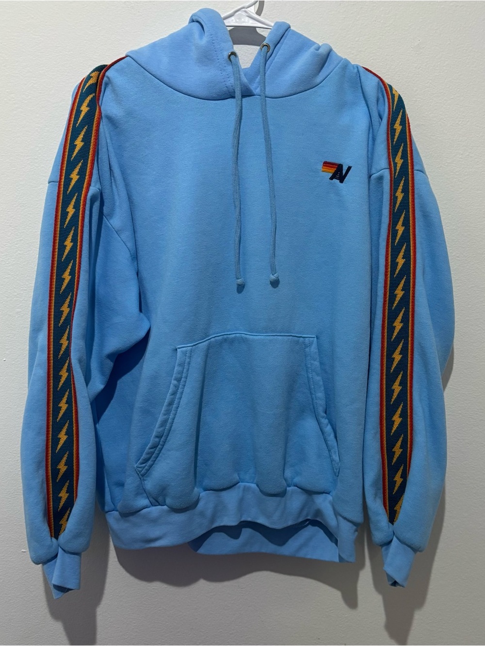 RARE Aviator Nation Light Blue Hoodie with Stripe Lightning Tape